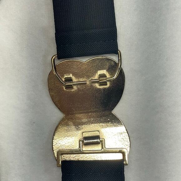 Vintage 80s Black Stretch Belt Gold Large Statement Buckle Wide Waist Retro
